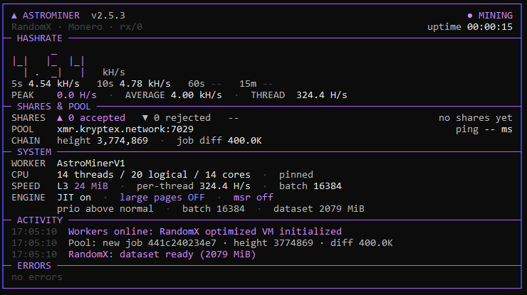 AstroMiner V2.5.3 CPU miner running in the terminal